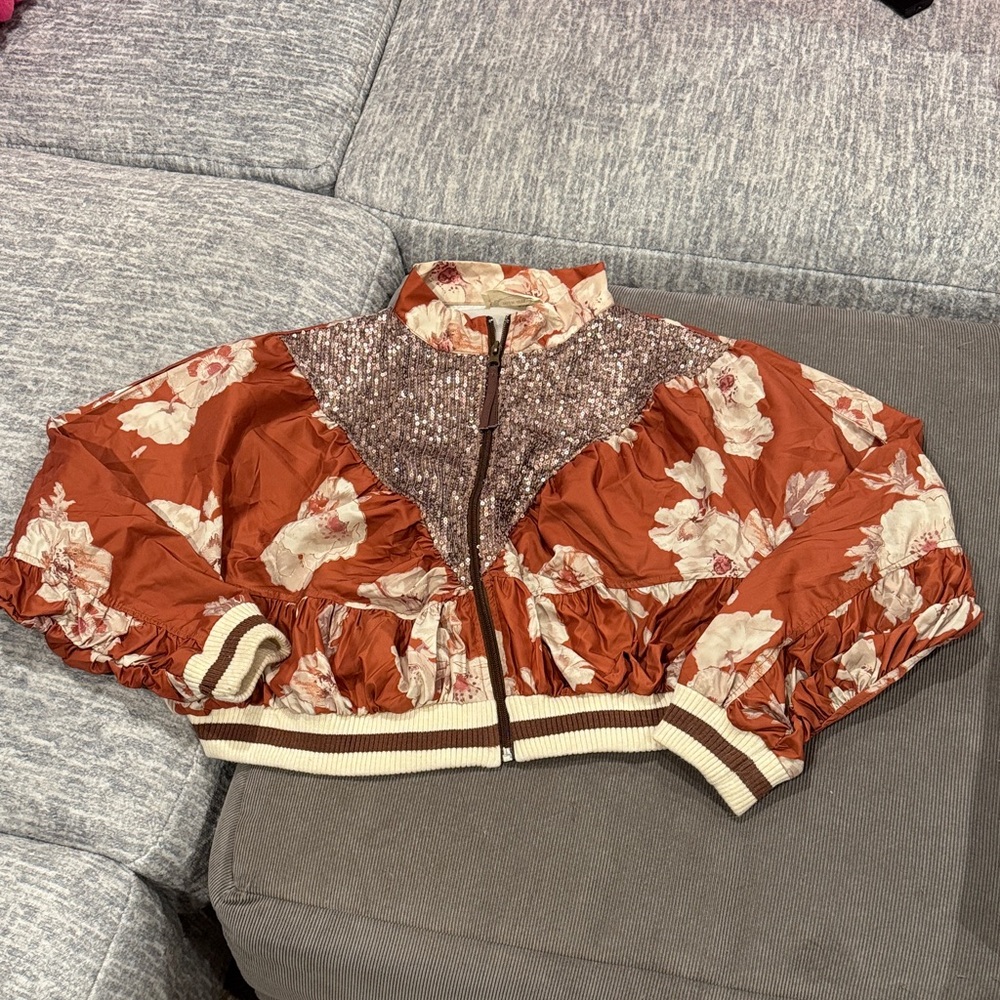 Floral Sequin Kids Jacket - Rust and Cream